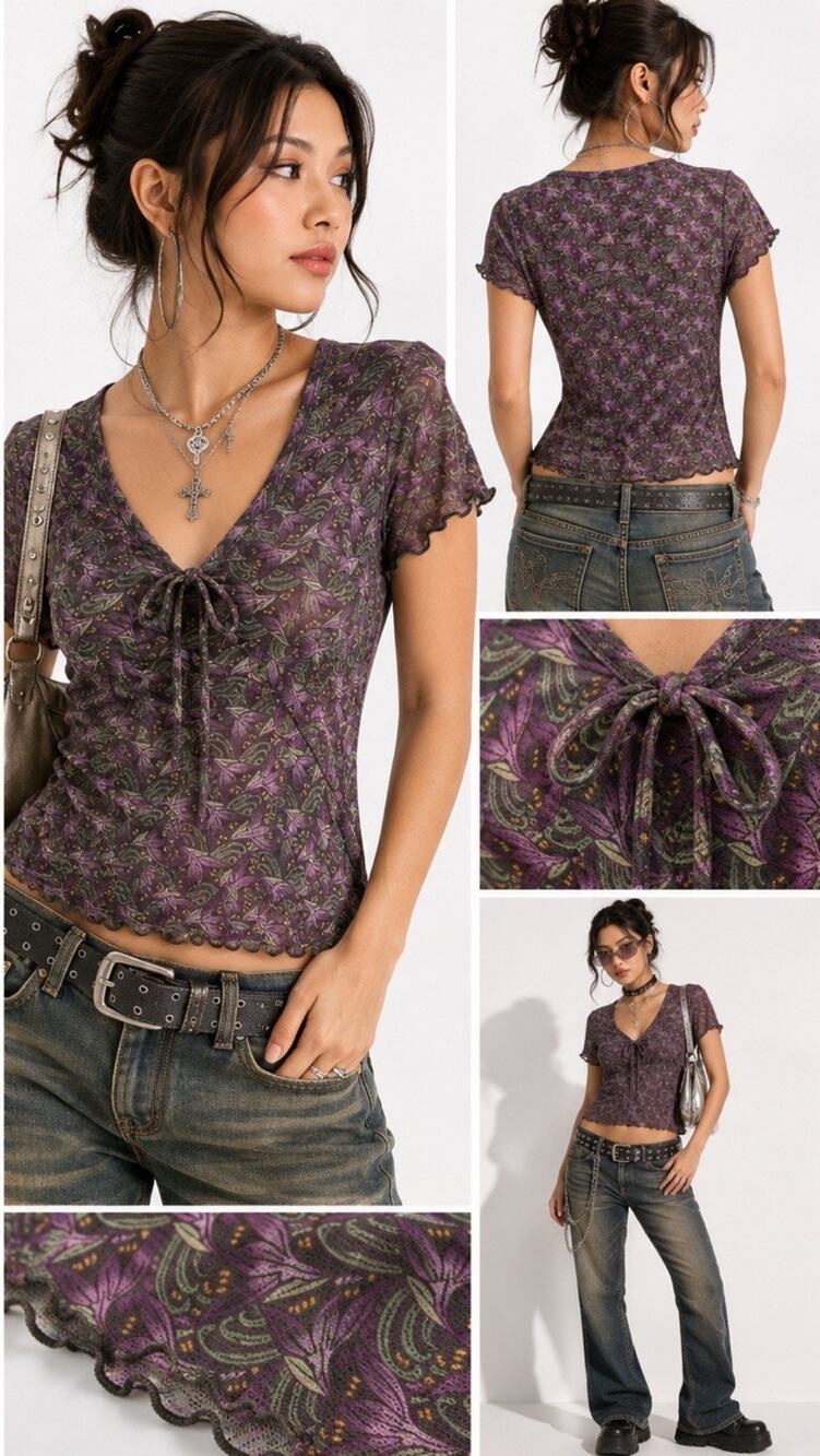 Y2K Indie Sleaze Whimsigoth Axcess Floral Mesh Tie Front Top Sz XL Purple Olive